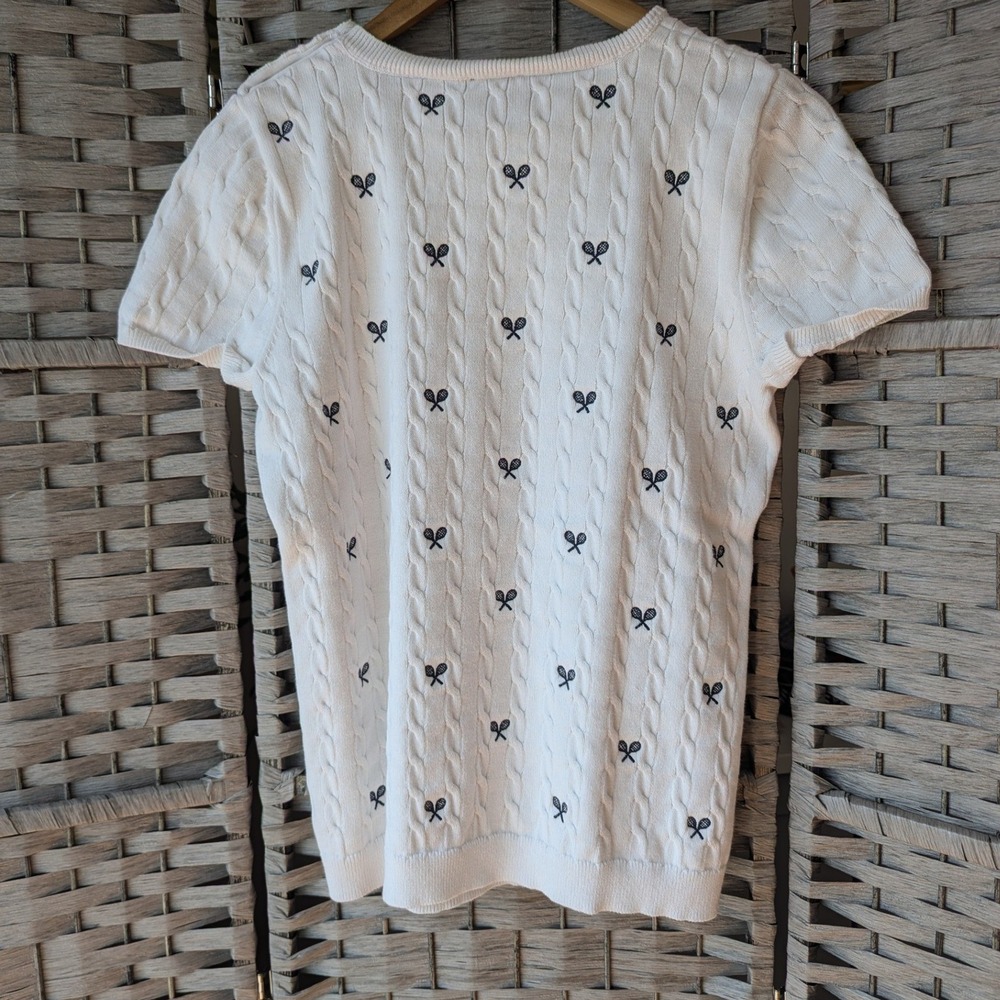 Talbots White Cable Knit Tennis Racket Embroidered Sweater Short Sleeve Preppy - Picture 2 of 7
